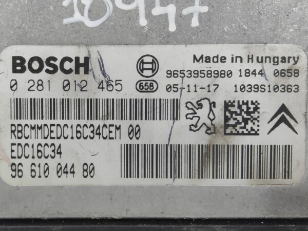 ECU de motor Peugeot 207 1.6 HDI 80KW 109HP L4 16V 9HZ 9H01 DV6TED4 2005, Ref: 10947-K3B8